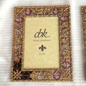 Set of Two 4 x 6" Brass beaded pictures. one has red stones, 1 has light--
